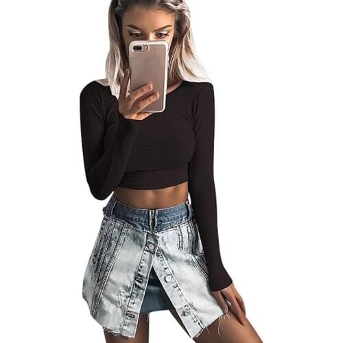 2021 Autumn Fashion Women Slim Soft Elastic Crop Long Sleeve Tops Elegant Black O-neck Casual Short T-Shirts