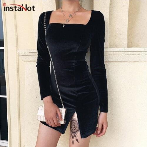 InstaHot Square Neck Velvet Split Dress Elegant Black Long Sleeve Slim Autumn Women Mini Dress Elegant Casual Vintage Cheongsam