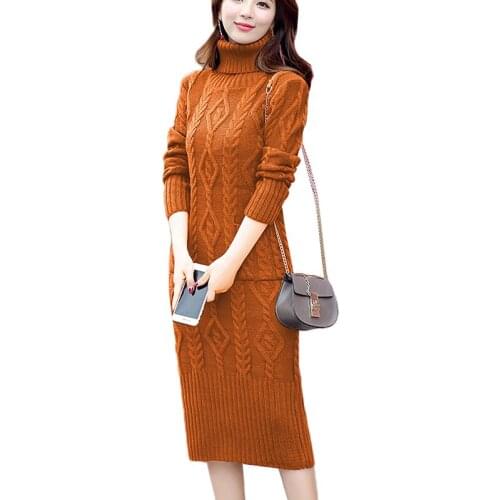Women Medium long Dress 2019 Winter Turtleneck Sweater Knitted Dress Casual Slim Long Sleeve Twist Fashion Women Dresses AA525