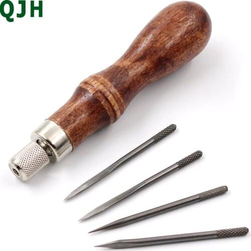 4 in 1 DIY Leather Craft DIY Wooden Steel Diamond Punch Stitch Awl Canvas Leather Sewing Scratch Awl Tools Stitching Awl Pin