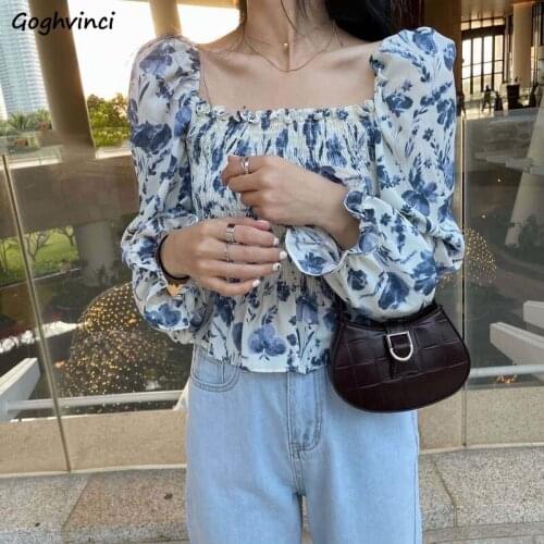 Square Collar Floral Blouses Women Folds Elegant Lady Puff Sleeve Fungus Slender Chiffon Blusas Mujer Sexy Stylish Crop Tops Ins