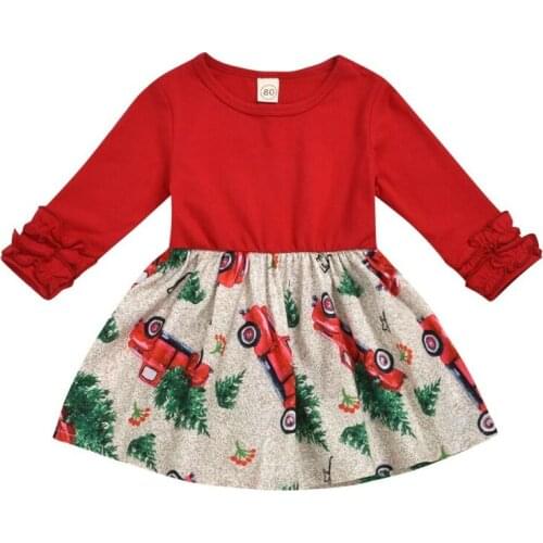 0-5Y Toddler Kids Baby Girl Christmas Dress Clothes Xmas Print Long Sleeve Ruffle Party Car Print Swing Dress