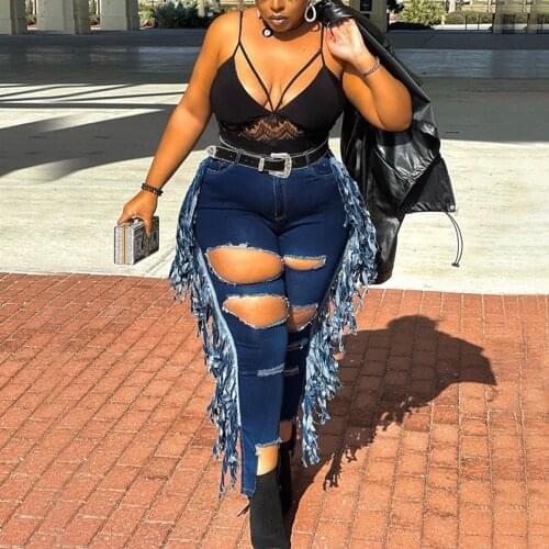 Fashion Tassel Jeans Pencil Pants for Womens Denim Hollow Out High Skinny High Street Wear Long Trousers Pencil Pants Autumn Hot