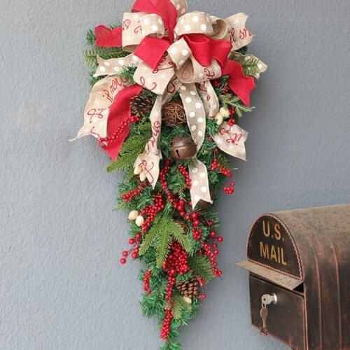 Christmas Fake Red Berries Bowknot Bells Wreath with Pinecones Artifical Leaves Simulation Garland Front Door Decoration