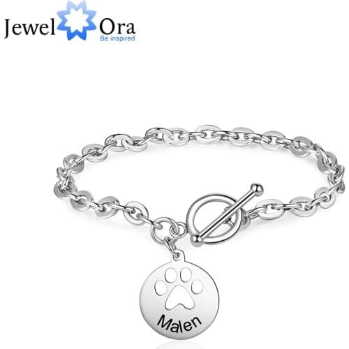 JewelOra Personalized Pet Paw Charm Bracelets for Women Customize Name Engraved Link Chain Bracelet Christmas Gifts for Mother