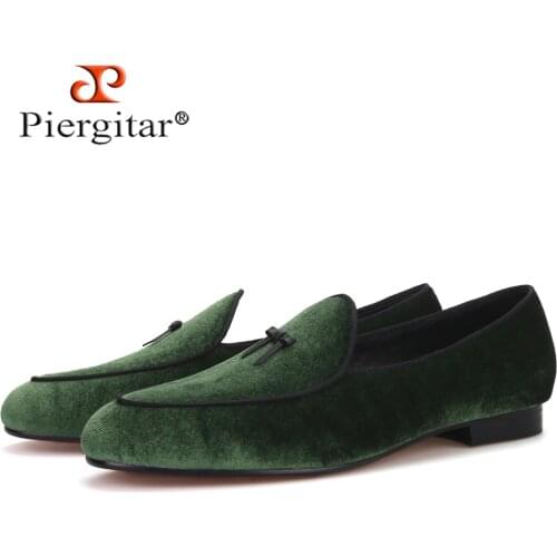 Piergitar green color men velvet shoes with leather tie red bottom handmade mens loafers plus size male smoking slippers