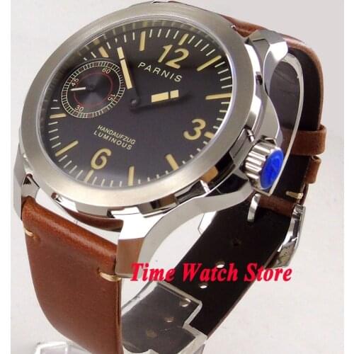 44mm Parnis mens watch sapphire glass black dial luminous 17 jewels mechanical 6497 hand winding movement wrist watch 1039