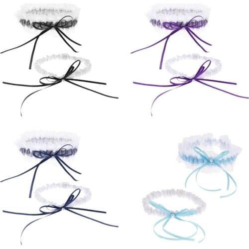 Pack of 2 Sexy Elastic Bridal Garter Set Pearls Bowknot Satin Leg Thigh Ring Wedding Accessories