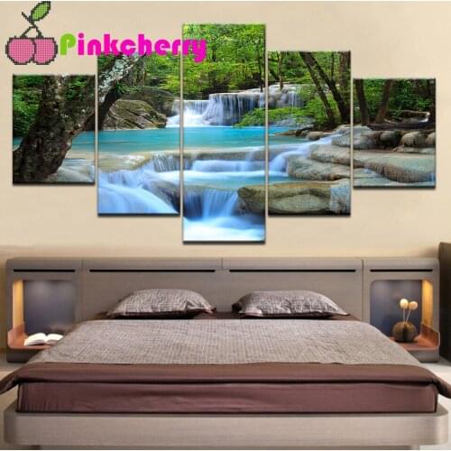 Natural Waterfall diamond painting,full,square,round diamond embroidery 5 Panel,mosaic diamond diy handwork k1250