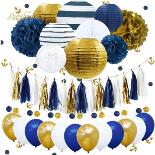 NICROLANDEE 38Pcs/Set New Navy Blue Anchor Happy Birthday Paper Flower PomPom Balloons Party Decoration DIY