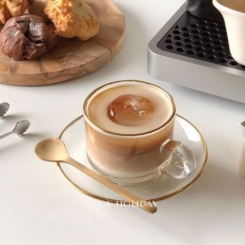 Nordic Creative Luxury Cup Glass Transparent Eco Friendly Coffe Gold Rim with Saucer Set Cup Tazas Cafe Kitchen Drinkware DB60BD