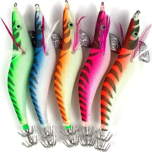 OLOEY Luminous Squid Jig with 2.5# 3.0# 3.5# Hook Fishing Wood Shrimp Lure Squid Cuttlefish Jigs Lures Spinnerbait Wood Shrimp
