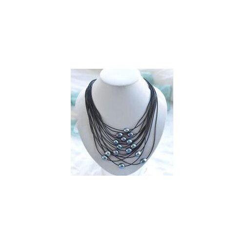 New Arriver Leather Pearl Jewelry 15 Rows 20'' 10-13mm Peacock Rice Freshwater Pearl Black Leather Necklace Handmade
