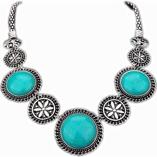 Boho Style Jewelry Vintage Tibetan Silver Plated Chunky Bib Necklace For Women Circle Shape Stone Collar Necklace X166