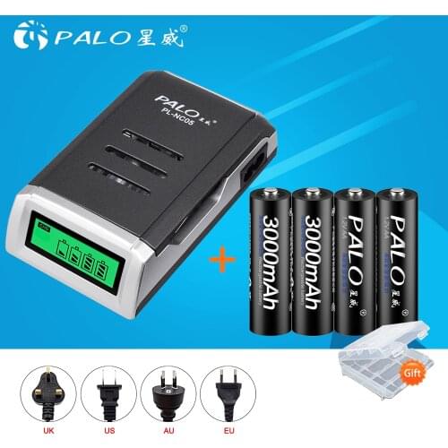 PALO 4pcs 1.2V 3000mAh NI-MH AA Rechargeable Battery 2A 2a aa Rechargeable Baterias with a LCD Smart battery charger for AA AAA