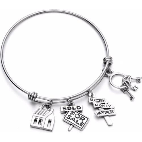 Stainless Steel Expandable Wire Bangle House Sold Charm Bracelet Cute DIY Jewelry Gift for Real Estate Agent or Realtor