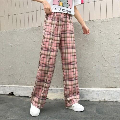 Pink Plaid Pants Women Pink Full Length Trousers Harajuku Streetwear 2021 Spring Loose Casual Pants 2021 New Fashion Female