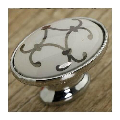 Dresser Knob Drawer Knob Handle Ceramic Kitchen Cabinet Knob Oval White Silver Furniture Door Knob Pull Handle chrome porcelain