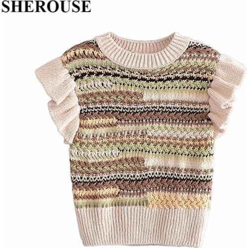 SHEROUSE 2021 Fashion Women Knitted Tank Top Vintage O-neck Ruffled short Sleeves Striped Sweater Vest Pullover Woman Chic Tops
