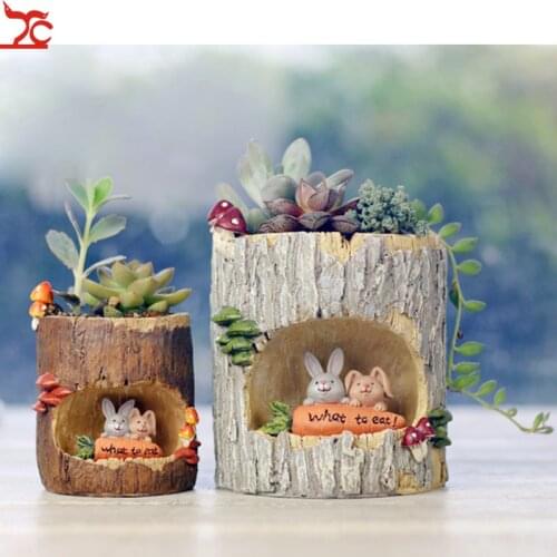 Modern Wooden Resin Bonsai Succulents Pot Retro Permeable Ceramic Green Plant Flower Pots Living Room Office Garden Home Decor