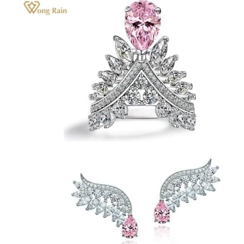 Wong Rain 925 Sterling Silver Pear Cut Pink Sapphire Created Moissanite Gemstone Wedding Party Feather Ring/Earrings Jewelry Set