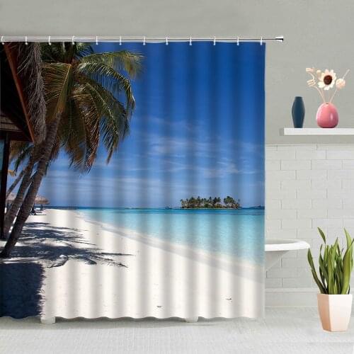 Sea Blue Sky Beach Plant Ocean Landscape Shower Curtain Coconut Tree Bathroom Curtains Waterproof Polyester Cloth With Hooks