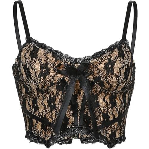 2021 New Womens Sexy Floral Lace Camisole, Sleeveless Spaghetti Strap V Neck Crop Cami Tops with Bow Fashion