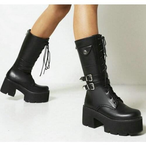 Platform Square High Heel Women Mid Calf Boots Patent PU Leather Buckle Round Toe Ladies Motorcycle Boots Zipper Lace Up Boots