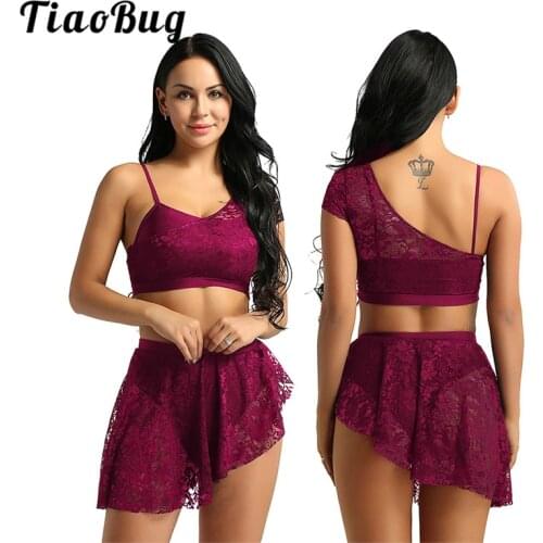 TiaoBug Women Lace Asymmetric Contemporary Lyrical Dance Costume Adult Gymnastics Crop Top Ballet Tutu Skirt Dance Set Ballerina