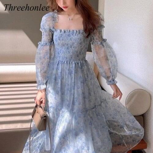 2021 Summer Elegant Midi Dress Women Lace Puff Sleeve Square Collar Boho Beach Floral Female Party Korean Dresses Vestidos