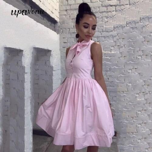 Fashion Sweet Wind Dress Pink Ladies 2020 New Bow Collar Sleeveless High Waist Fluffy Pleated Dress Vestidos Sweet Party Dress