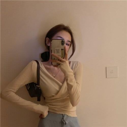 Aapricot Cross V-neck T-shirt Women Autumn Spring Long Sleeve Slim Body Sexy Show Chest Baseshirt Female Fashion Short Shirt