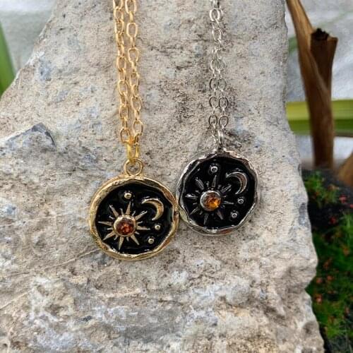 DUTRIEUX 2021 Crystal Sun Totem Moon Pendant Necklace Vintage Women Goth Charm Coin Disc Choker Chain Earring Jewelry Gifts