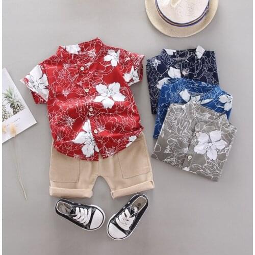 Childrens Short Sleeved Suit Summer New Baby Boys Fashion Flower Printed Cardigan + Solid Color Cargo Pants 2Pcs Set 1-4 Years