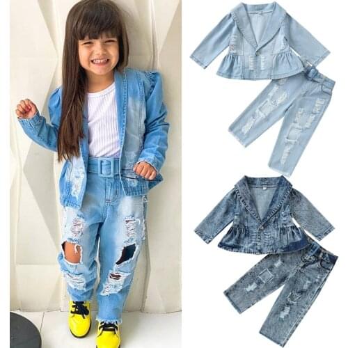 FOCUSNORM 1-5Y Fashion Kids Girls Clothes Sets Denim Lapel Long Sleeve Button Jacket+Frayed Ripped Jeans With Belt 2 Colors