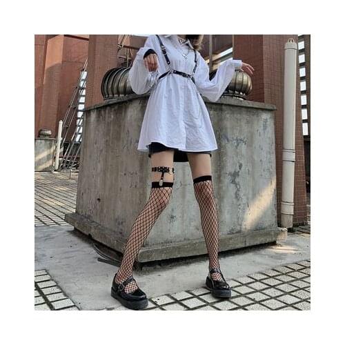 Gothic Black Rivet Leg Ring Over Knee Stockings Streetwear Girls Punk Thin Leg Ring Clip Buckle Fashion JK Fishnet Long Socks