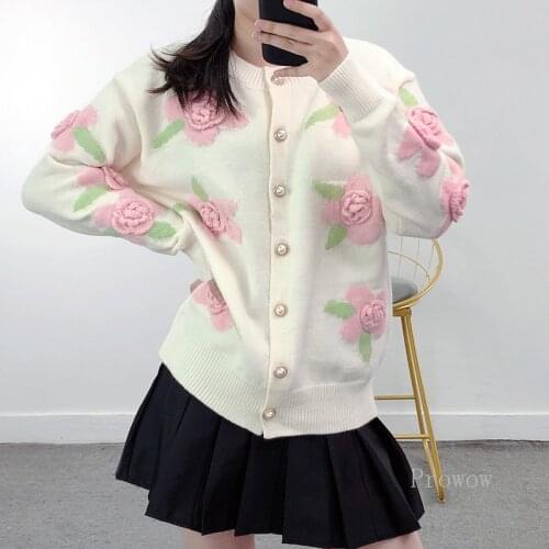 Hand Hook 3D Rose Flower Cardigan Women 2021 Autumn Winter Cardigan Sweet Loose White Cardigan Sweater Round Neck Knitted Jacket