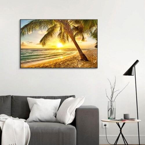 Sunsets Natural Sea Beach Coconut Palm Panorama Landscape Canvas Painting Posters and Prints Wall Art Picture for Living Room