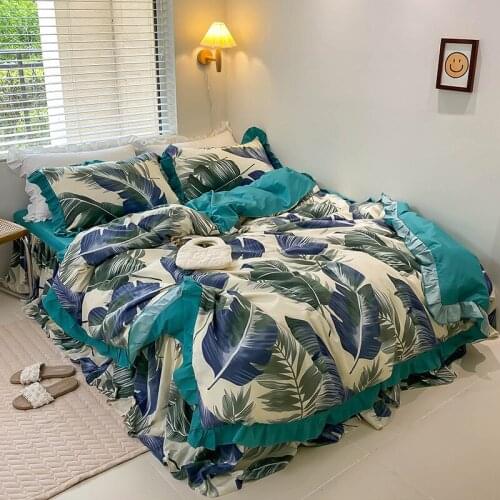 Korean Bedding Set Duvet Cover Bed Skirt Four-piece Twill Cotton Printed Lotus Leaf Lace Garden Flower Princess Style Bedding