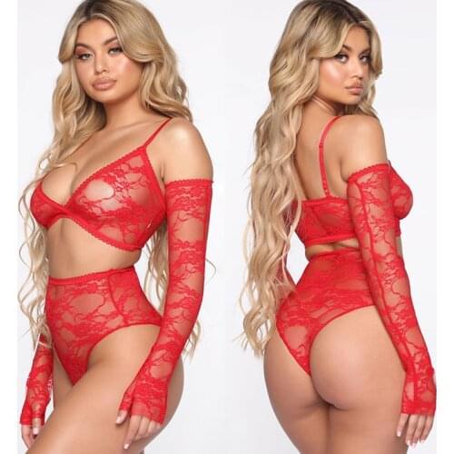 Red Three-piece Sexy Underwear Sets For Women Lace Embroidery Gloves Push Up Bra & Brief Set Sexy Deep V Hot Erotic Lingerie Set