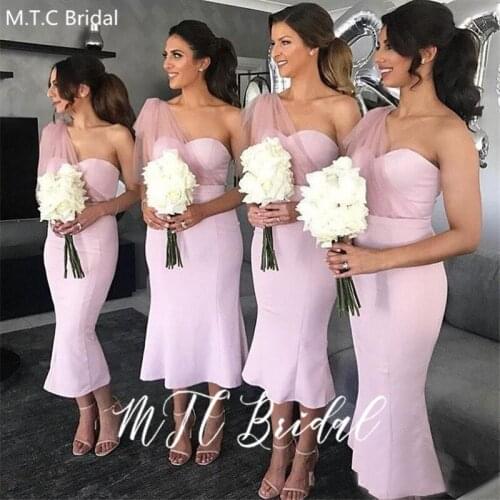 Short Bridesmaid Dresses 2020 Wholesale One Shoulder Sheath Tea Length Elegant Wedding Party Dress For Women Customize