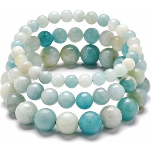 6/8/10mm Round Ball Beaded Bracelets Healing Reiki Stone Blue Quartz Natural Amazonite Stone Wristband Bracelets Women Male