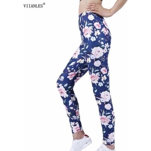 VIIANLES 2021 Women Flower Digital Printing Leggings Workout Leggins High Waist Push Up Fitness Pants Elastic Trousers Sporting