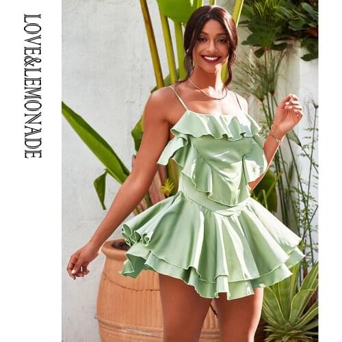 LOVE&LEMONADE Sexy Olive Green Sling Layered Ruffled Reflective Satin A-Line Beach Mini Dress LM82340-B