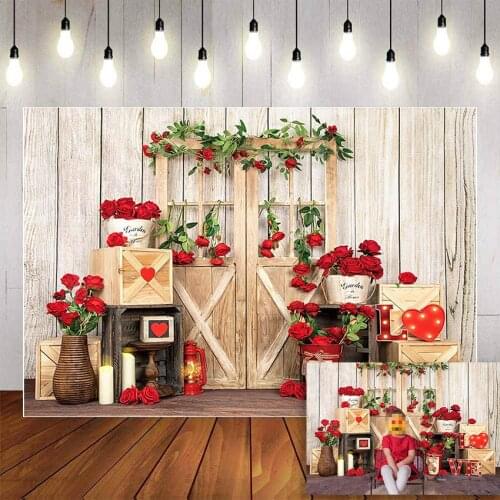 Mehofond Photography Background Valentines Red Rose Love Heart Light Wooden Door Child Portrait Birthday Backdrop Photo Studio