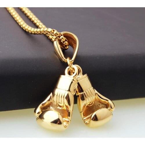 2pcs/Set Fashion 316L Stainless Steel Gold Boxing Gloves Pendant Necklace Mens Jewelry Free Box Chain 24"*3mm Christmas Gift