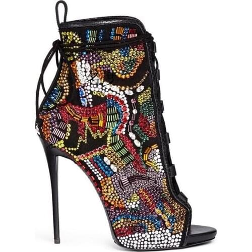 Moraima Snc Colorful Crystal Embellished Lace-up High Heel Boots Sexy Peep Toe Thin Heels Shoes Woman Gladiator Sandal Boots