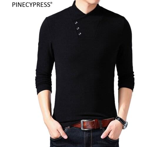 Men T Shirts 95% Cotton 5% Spandex Long Sleeve Asian Size Buttons Fashion Grey Black V-neck Quality Long-sleeved Man T-shirts