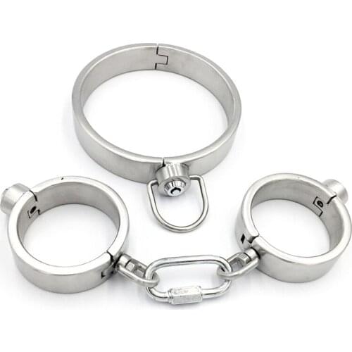 2pcs/Set Stainless Steel Hand Cuffs Neck Collar BDSM Bondage Metal Handcuffs Slave Restraints Sex Toys For Couples Adult Games