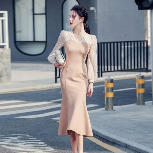 LLZACOOSH 2021 New Spring Korea Chic V Neck Long Sleeve Patchwork Slim Mermaid Office Sheath Midi Dresses Vestido